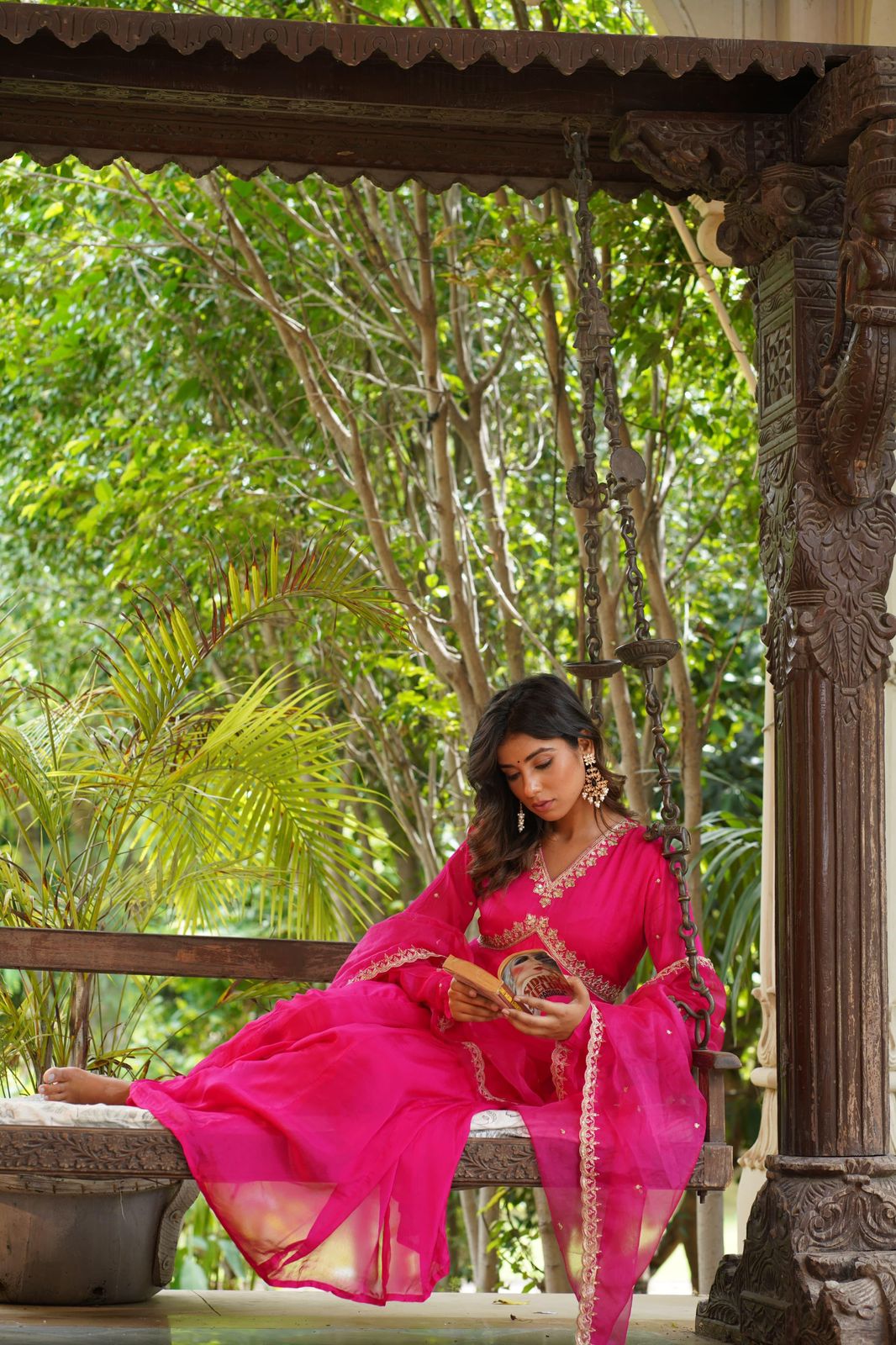 Hot Pink Alia cut kurta set with handwork yoke