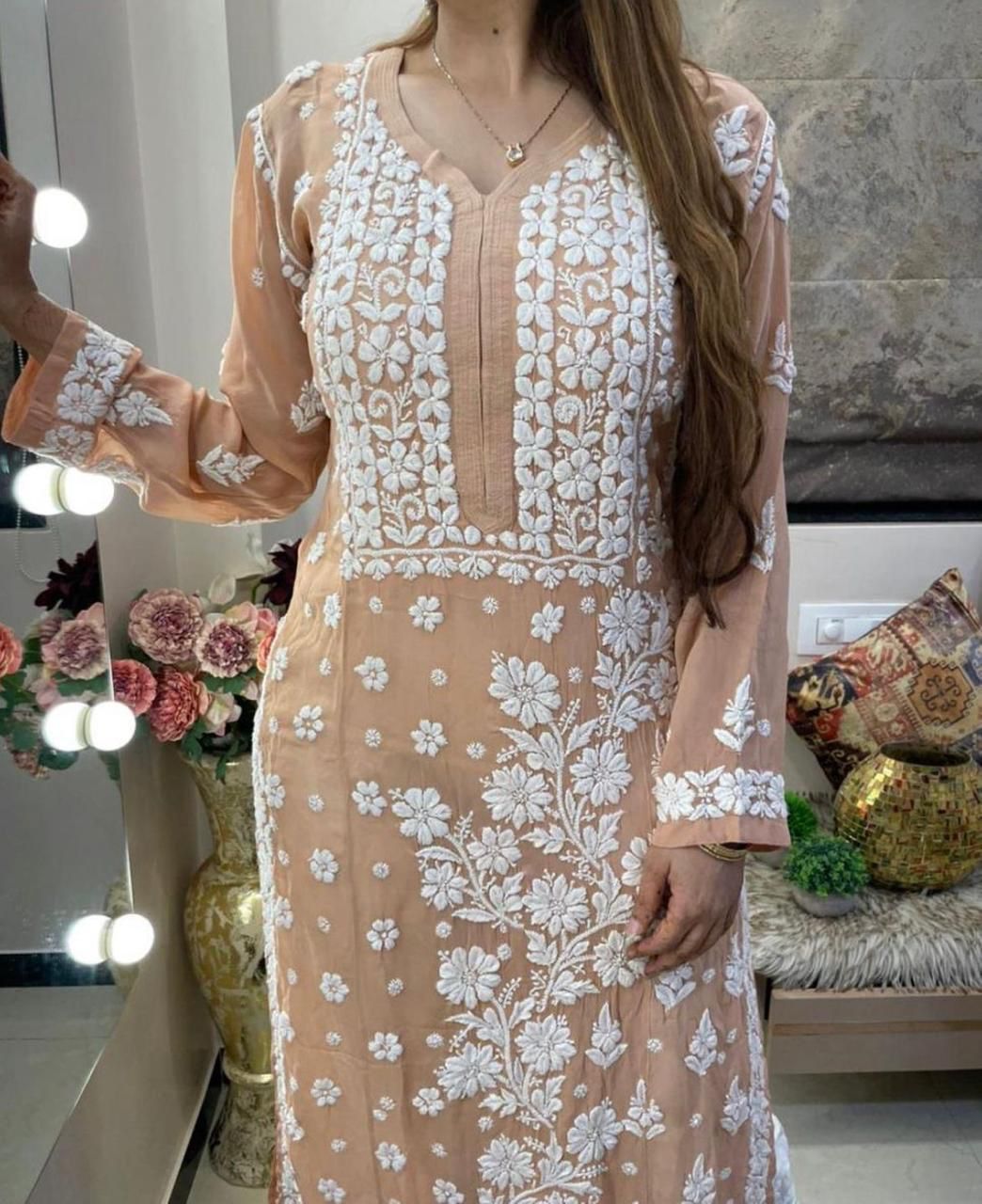 Beige Lucknowi premium 3D work Kurti with lining