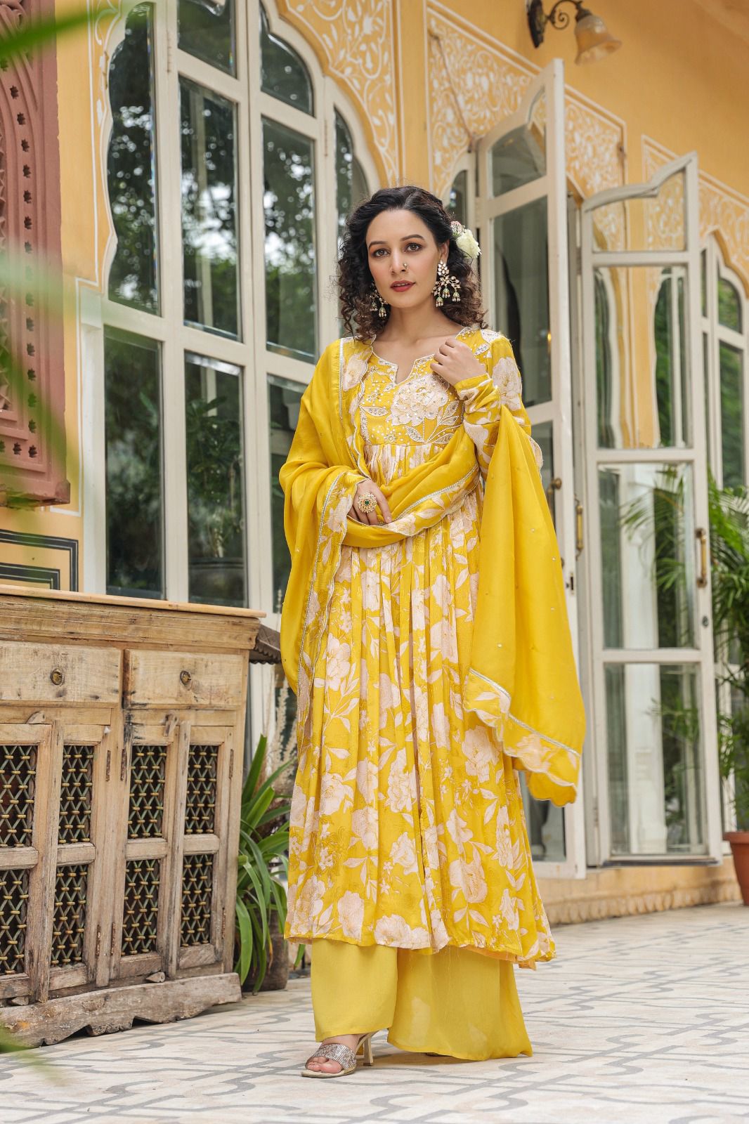 Yellow floral long heavy neck work Empire kurta set