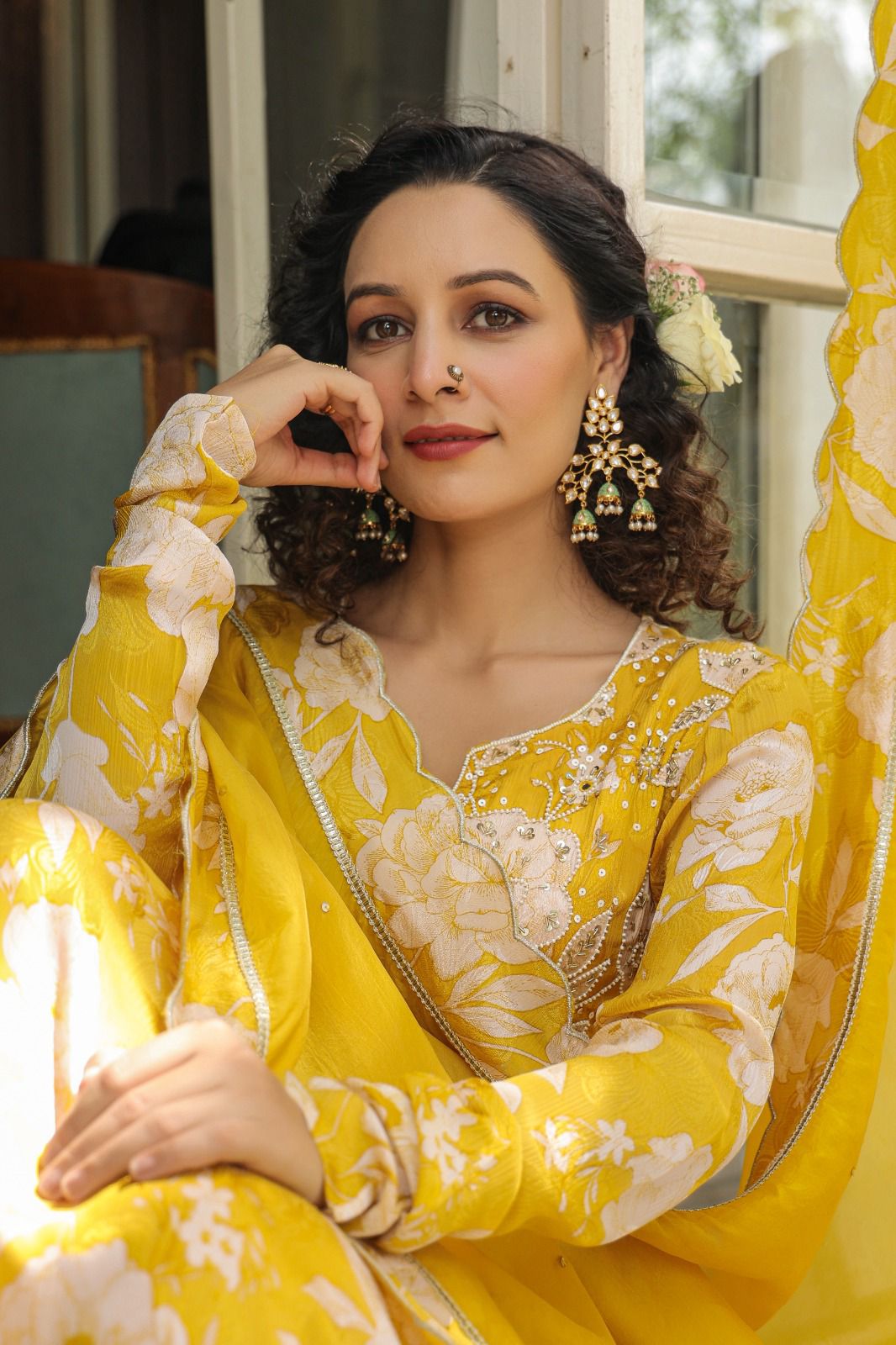 Yellow floral long heavy neck work Empire kurta set