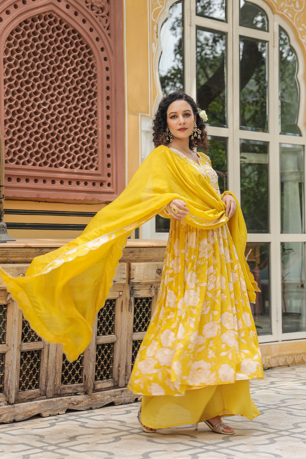 Yellow floral long heavy neck work Empire kurta set