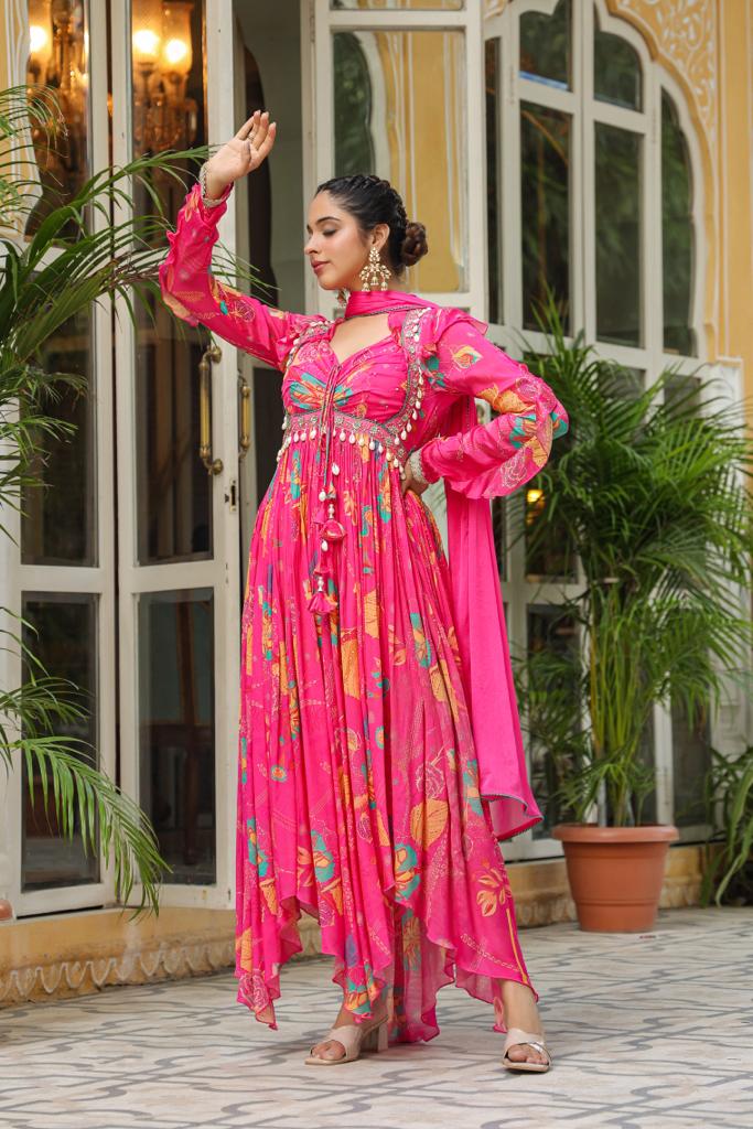 Hot Pink Chinnon High neck Alia cut long Kurta set