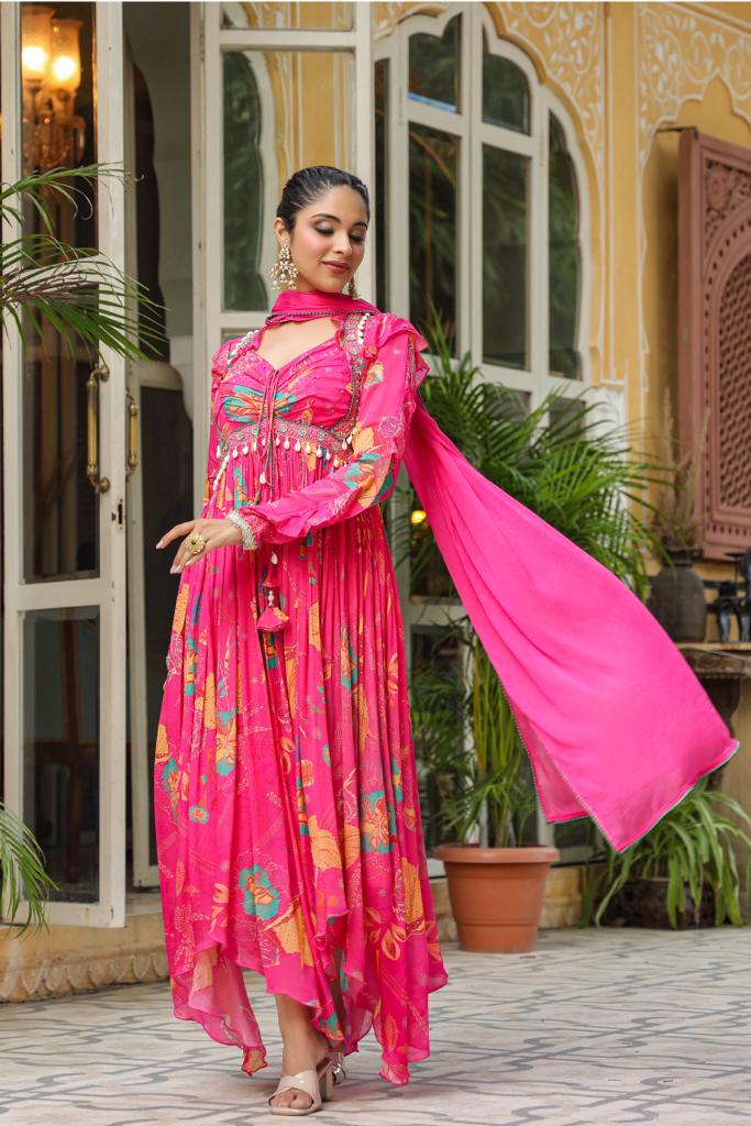 Hot Pink Chinnon High neck Alia cut long Kurta set