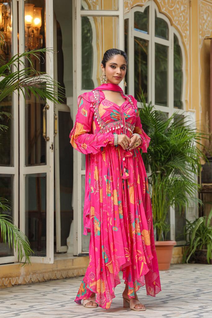 Hot Pink Chinnon High neck Alia cut long Kurta set