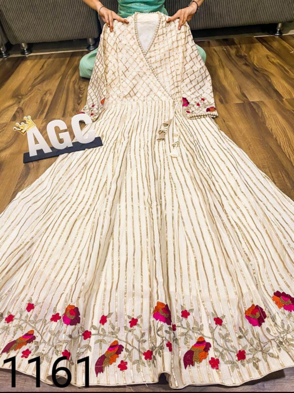 Off White Heavy Gota & embroidered work floor length angrakha gown Indi Ethnics Off White Heavy Gota & embroidered work floor length angrakha gown Indi Ethnics