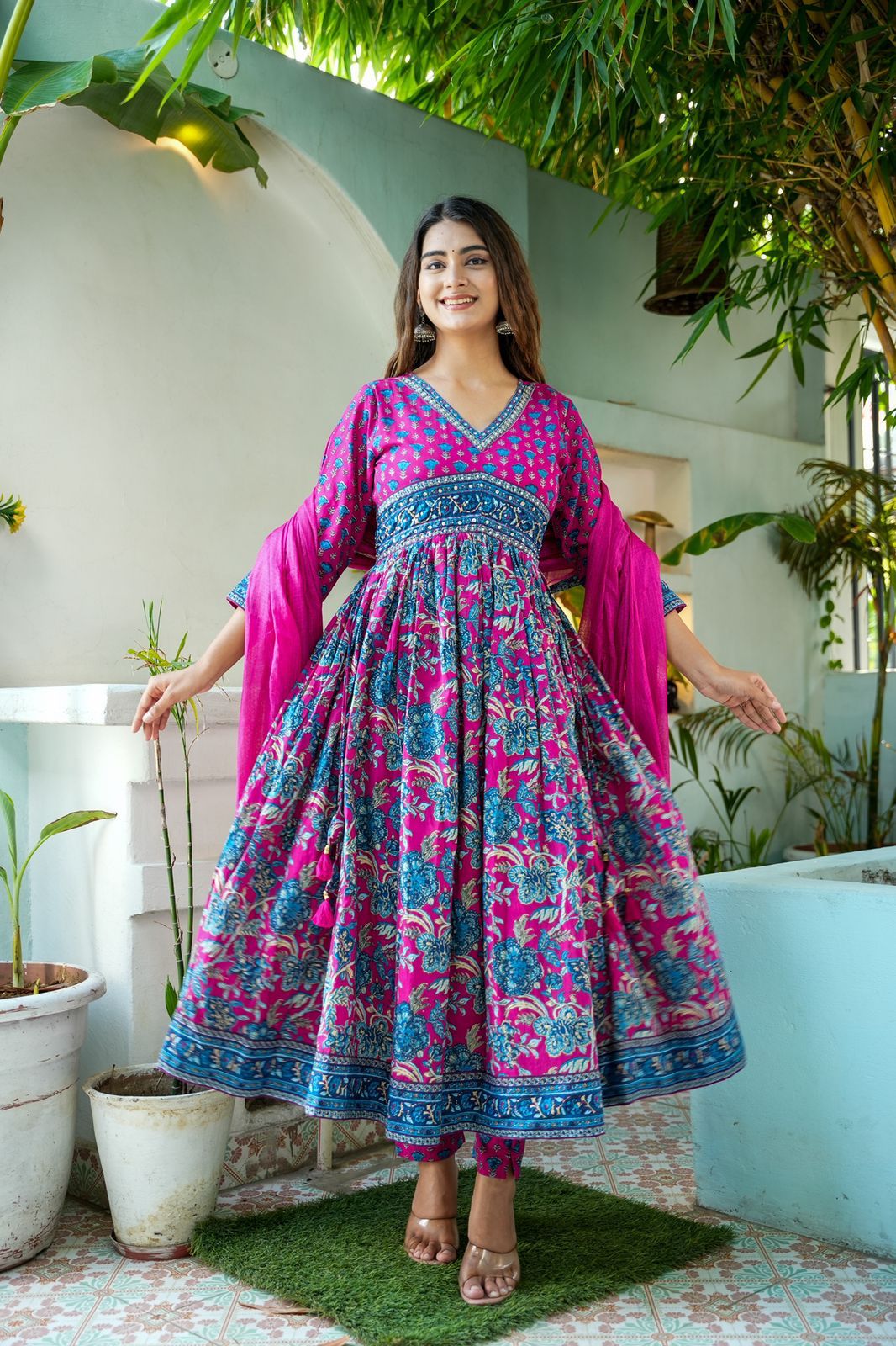 Hot Pink Block printed Alia cut kurta set