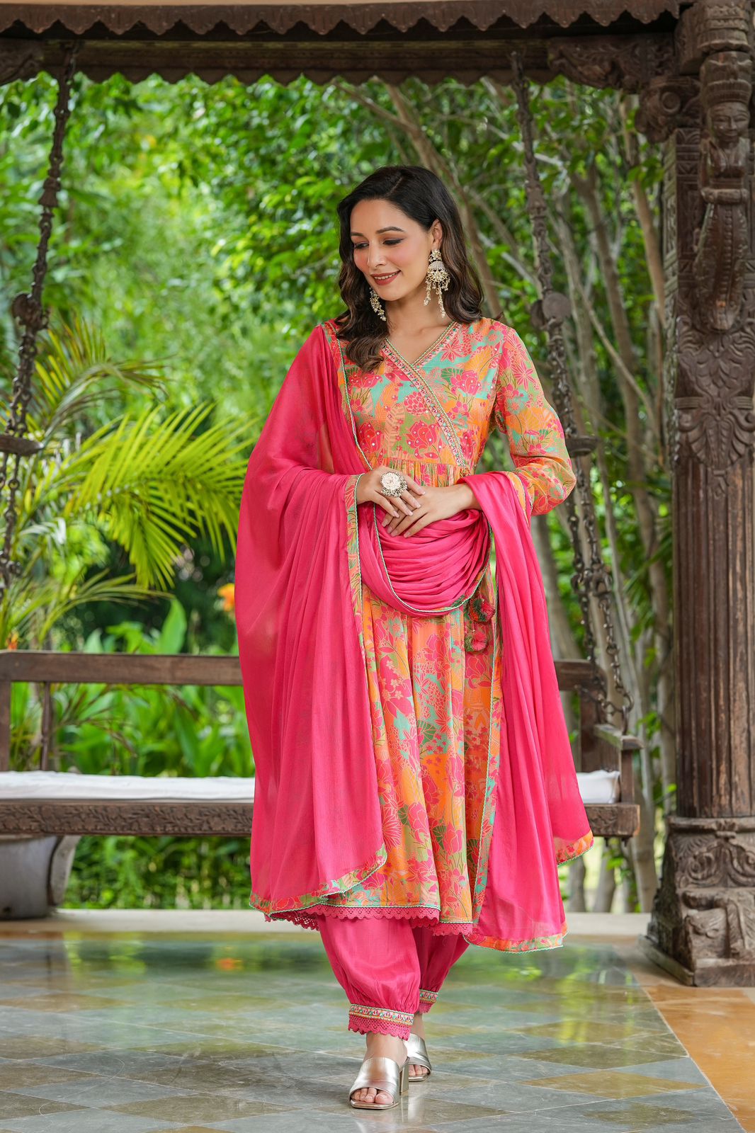 Pink and Orange beautiful Floral Angrakha kurta set