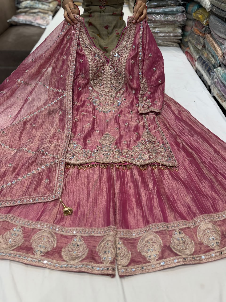 Pink heavy mirror work tissur sharara suit