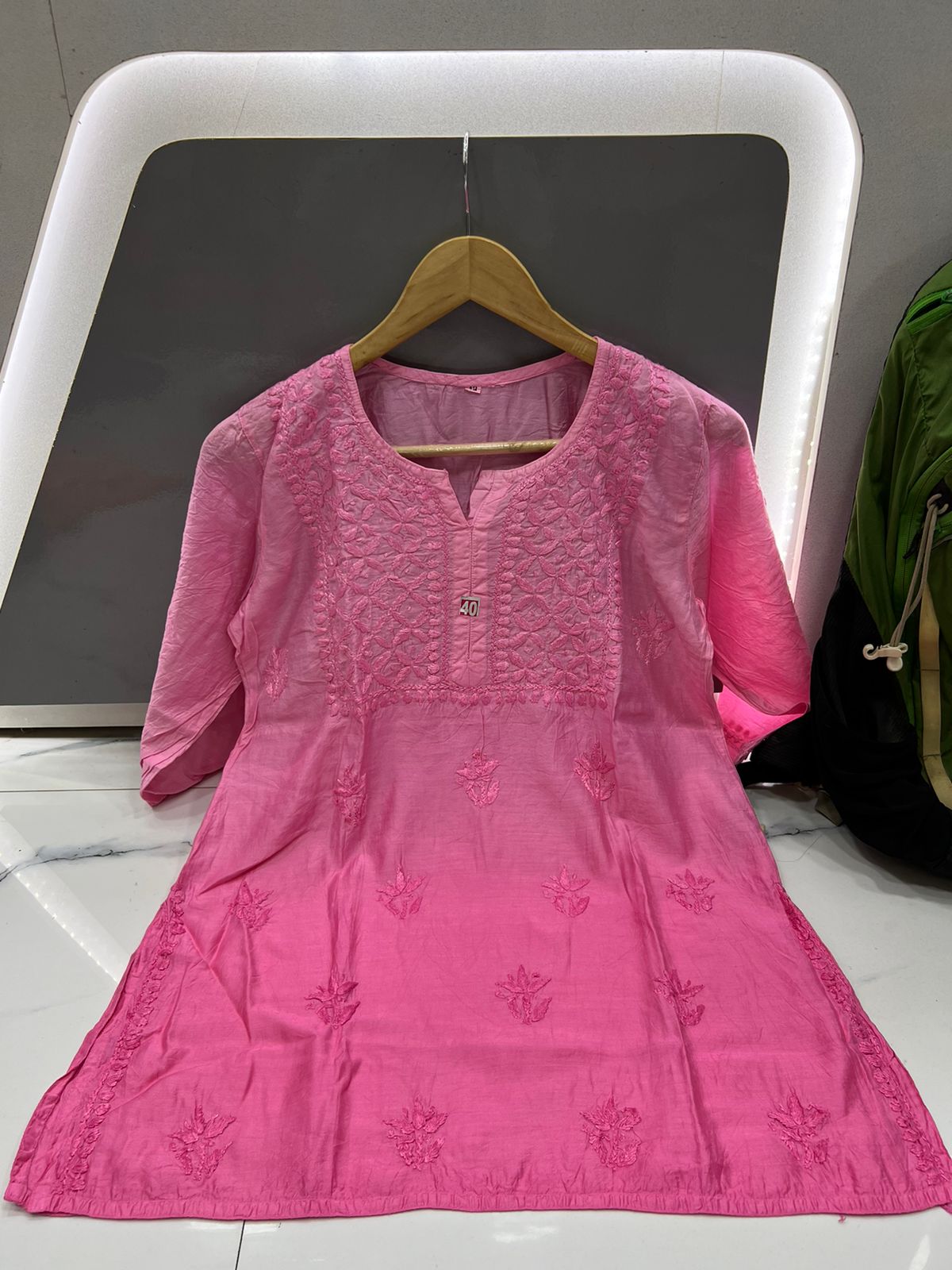 Pink Chanderi Chikankari Short Kurti