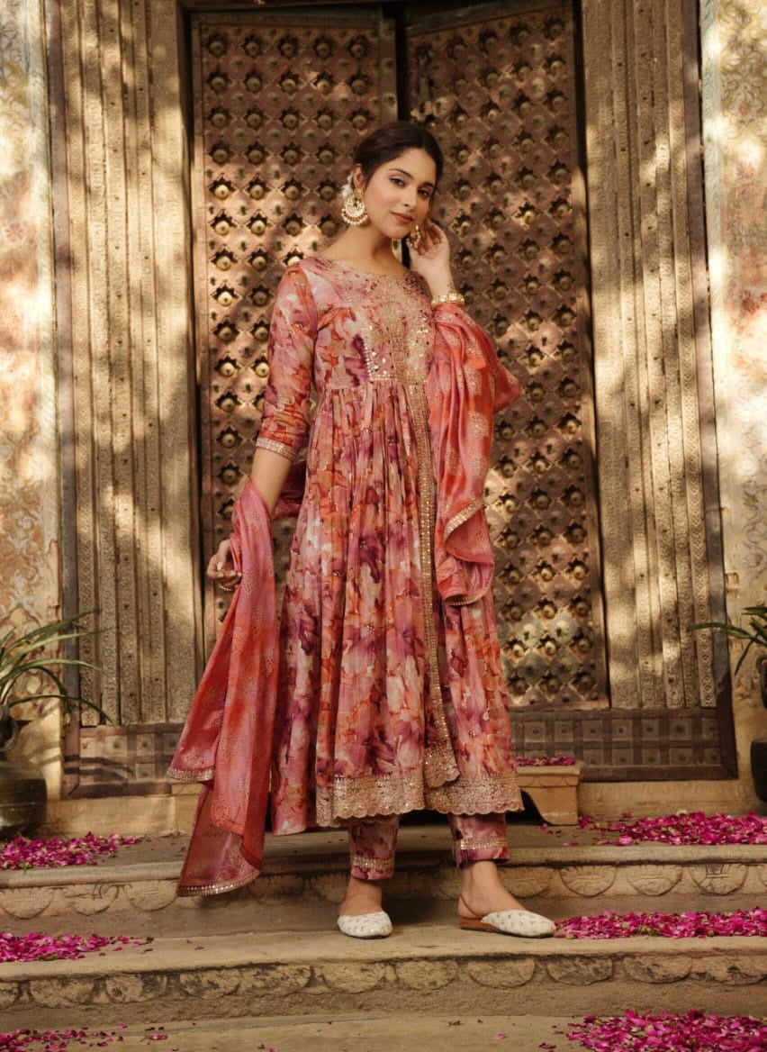 Mirror work Heavy rayon front slit kurta set