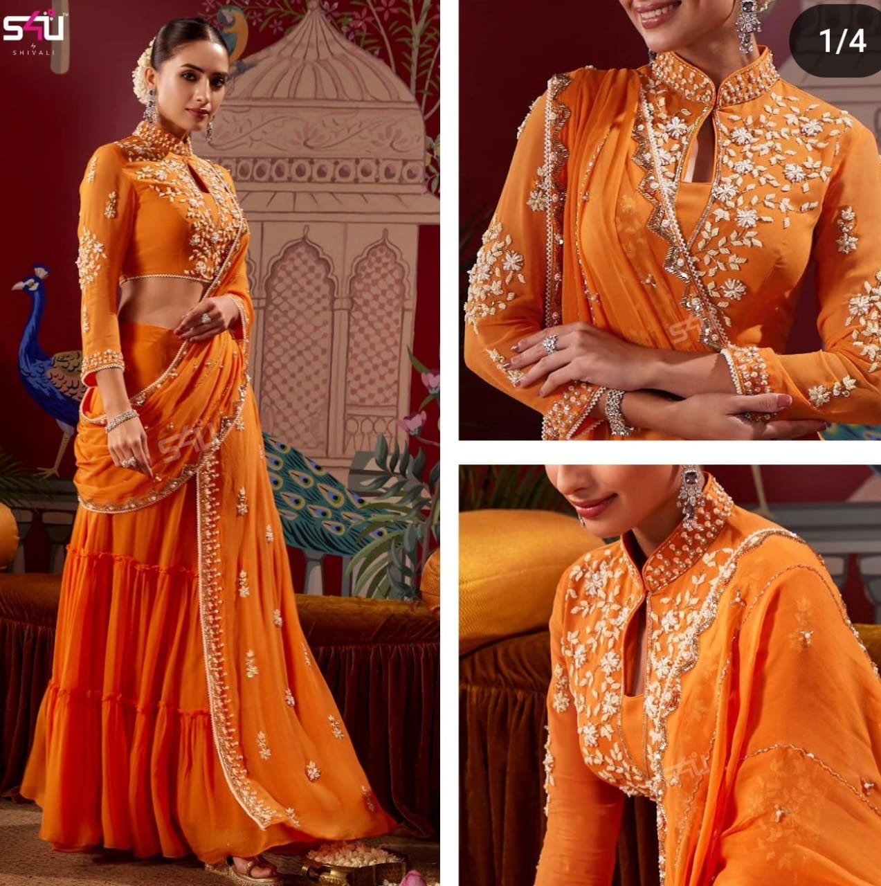 Orange Heavy handwork partywear predraped saree