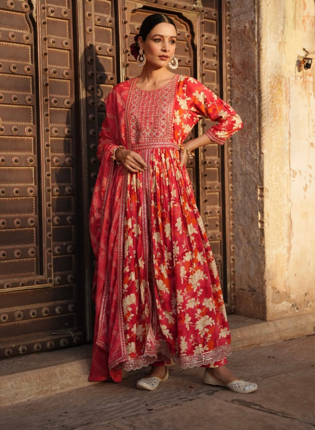 Red Heavy Embroidery Front slit kurta set