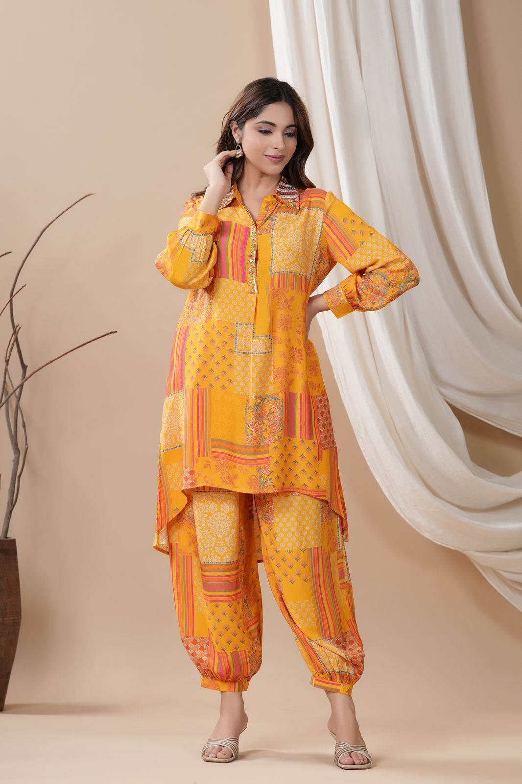 Yellow Muslin co-ord set with handwork neck – Indi Ethnics