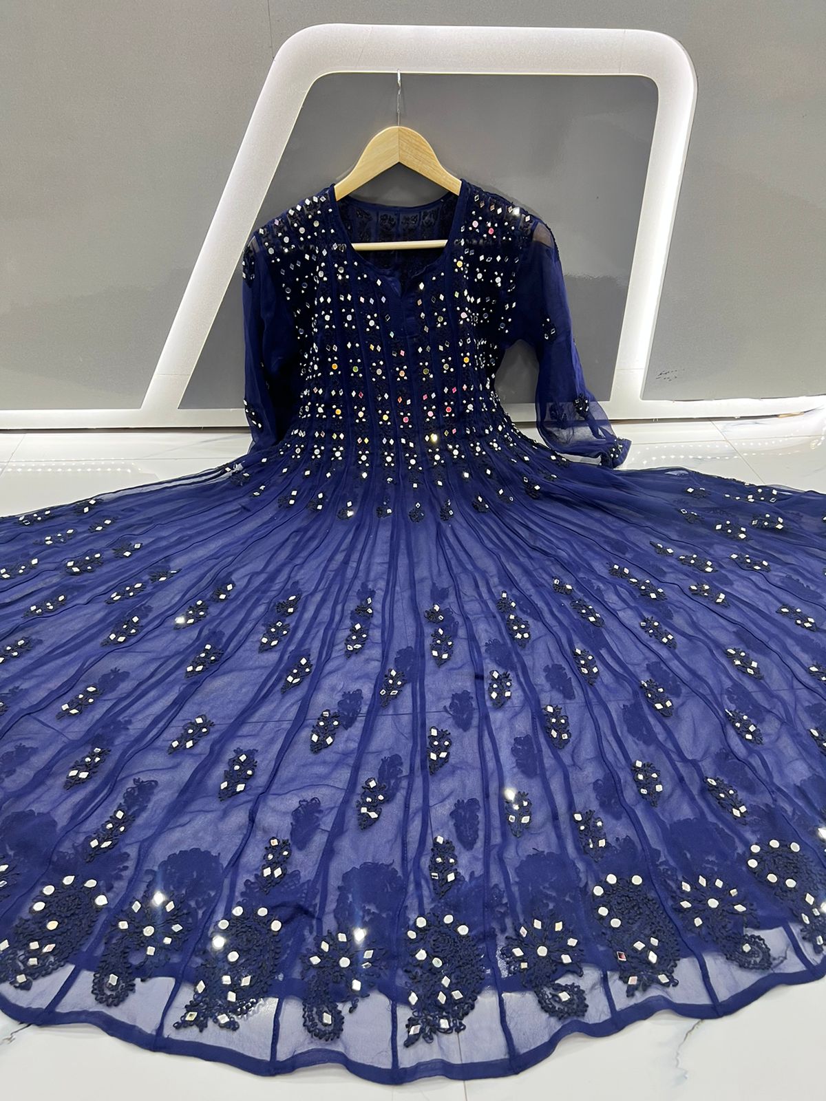 Navy Blue Mirror work Flared 56 kali lucknowi chikankari Kurti