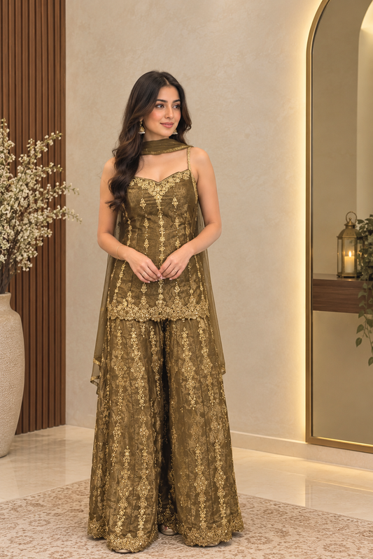 Bronze brown stunning sleeveless sharara suit with neck dupatta