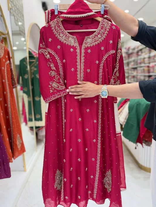 Red heavy jardoshi handwok anarkali kurta set