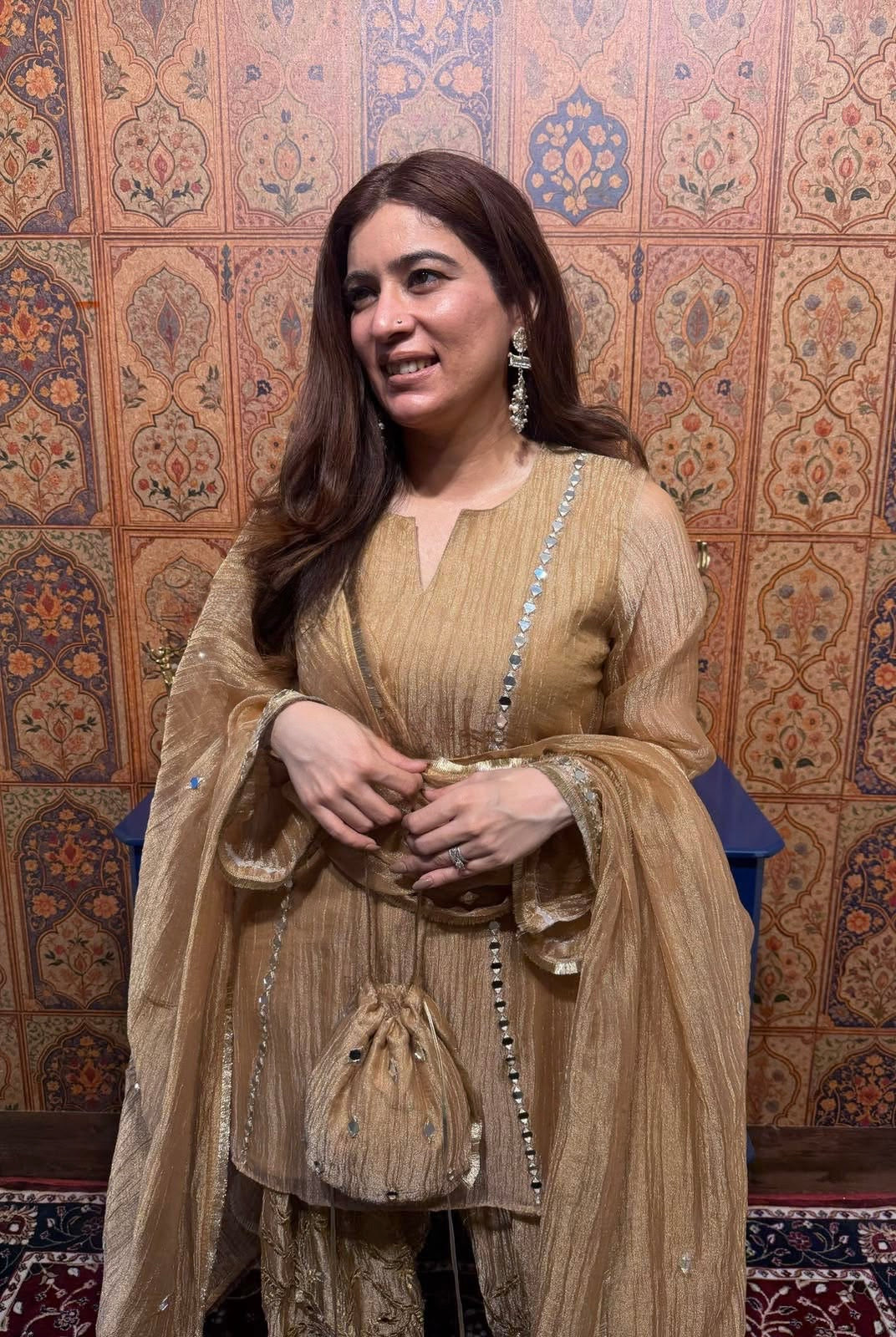 Gold Farshi salwar suit with heavy mirror and gota work
