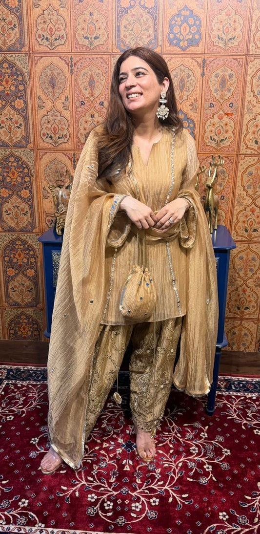 Gold Farshi salwar suit with heavy mirror and gota work