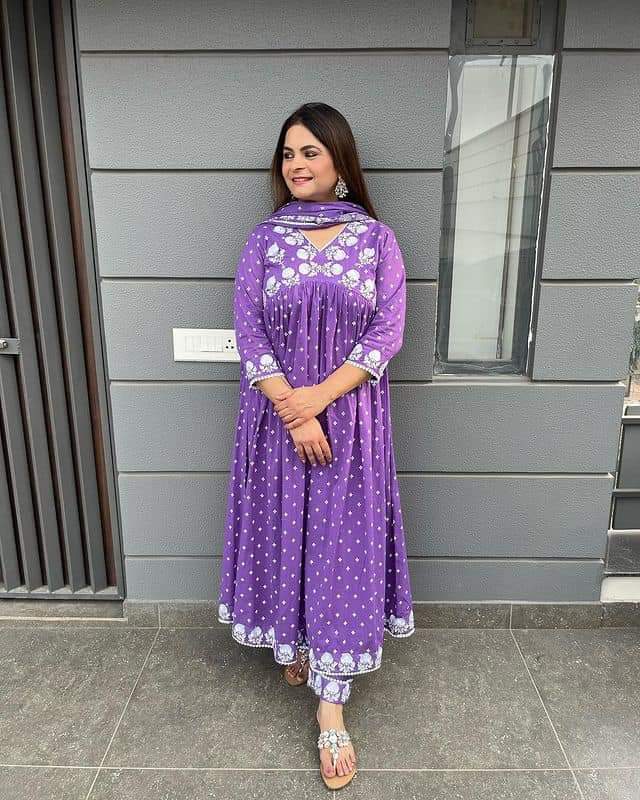 Purple mulmul Alia Cut kurta set with heavy embroidery
