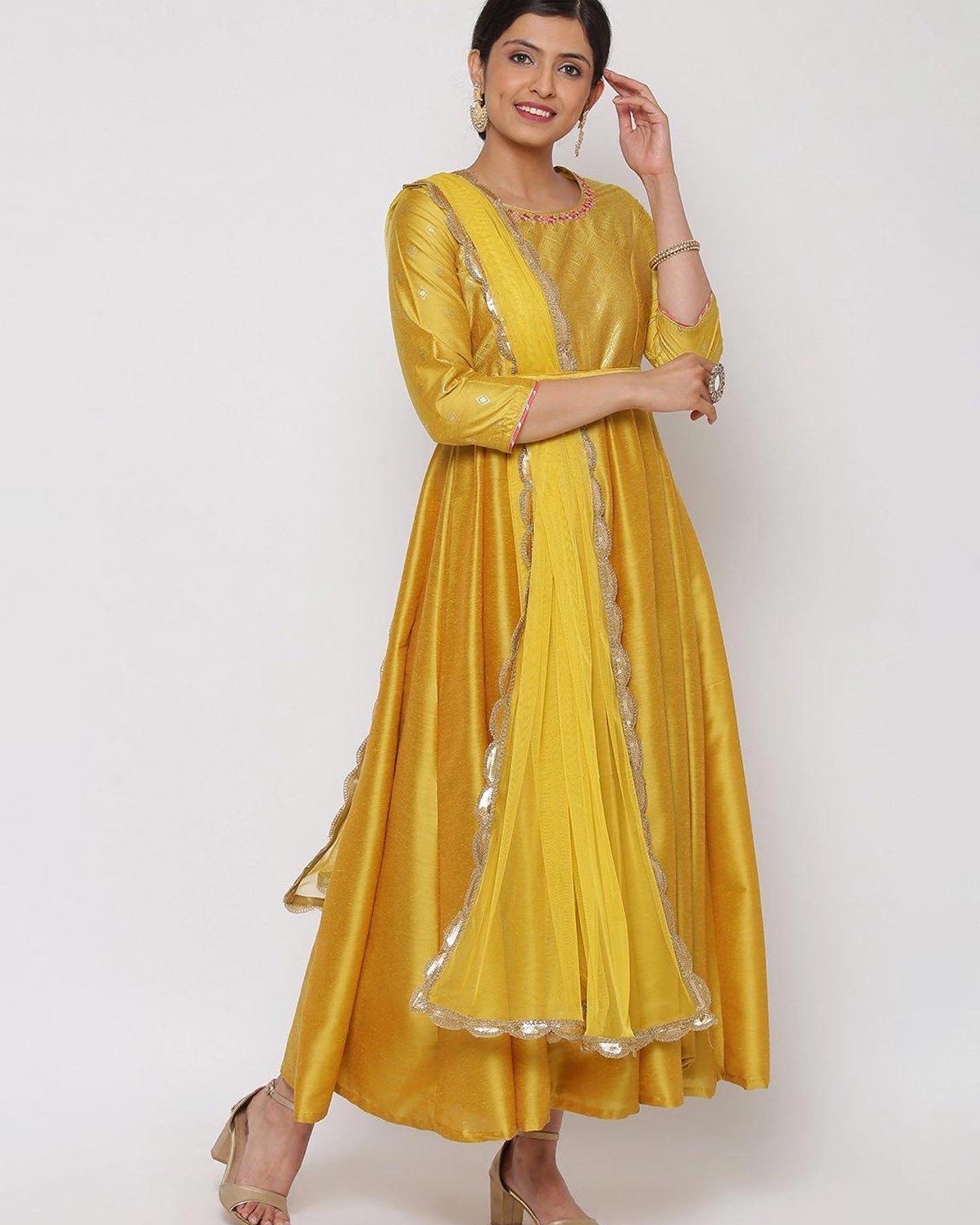Yellow Floor Length silk Anarkali Kurta with Dupatta and belt no no
