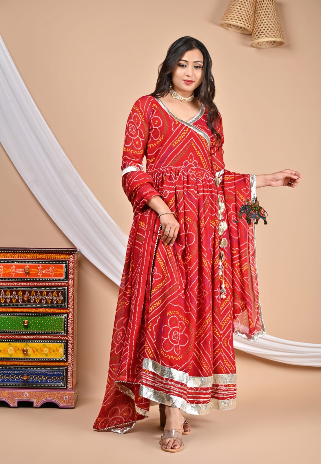 Red Bandhni Georgette Anarkali Kurta Set with Gota Work