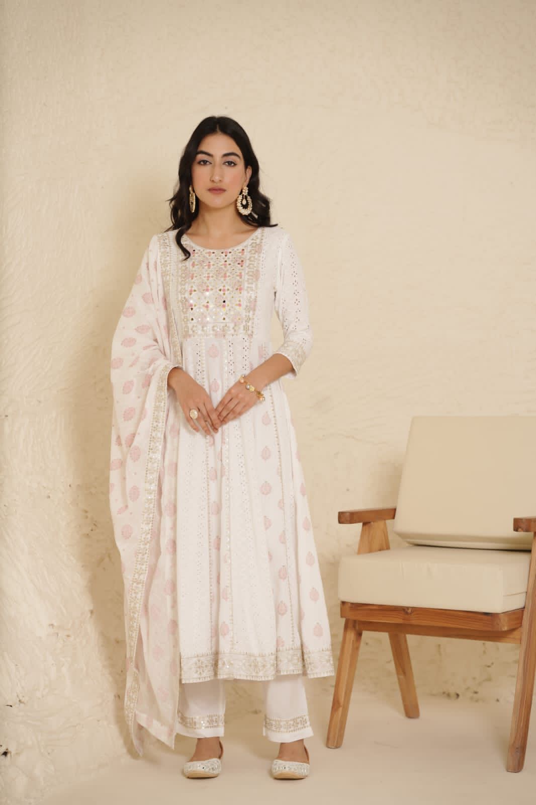 White Premium Quality Mirror work Anarkali Kurta Set