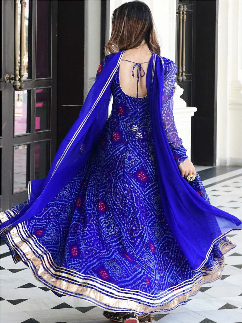 Royal Blue Bandhni Printed Heavy flared Anarkali Kurta set