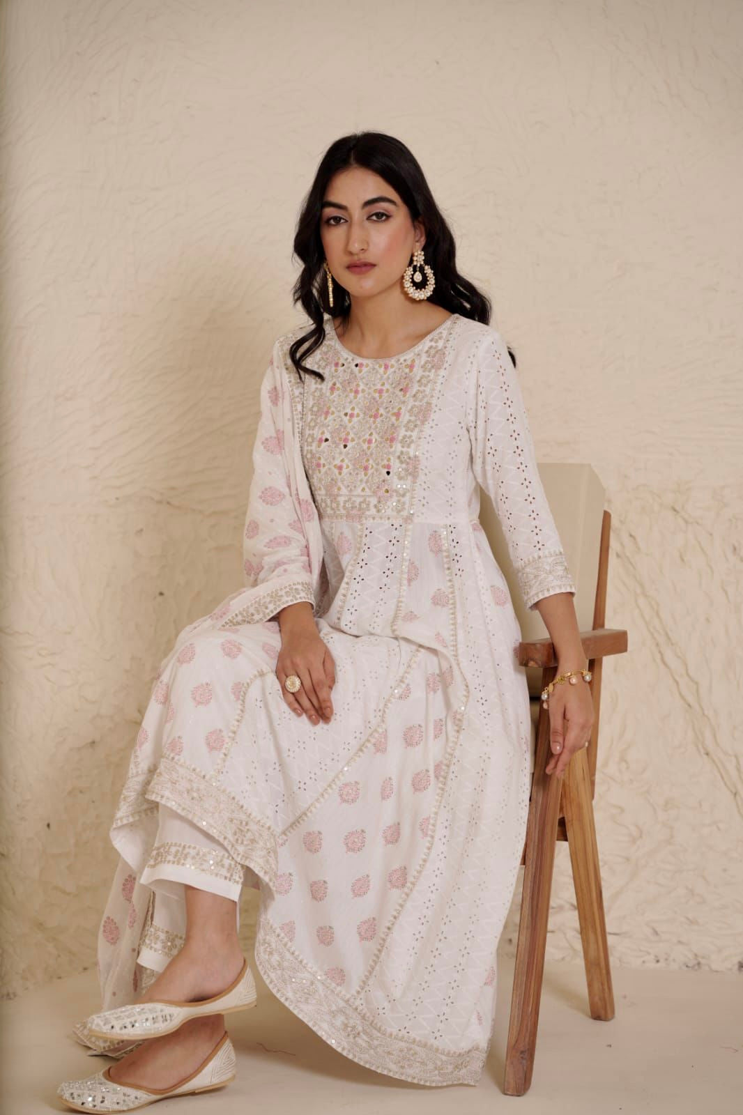 White Premium Quality Mirror work Anarkali Kurta Set