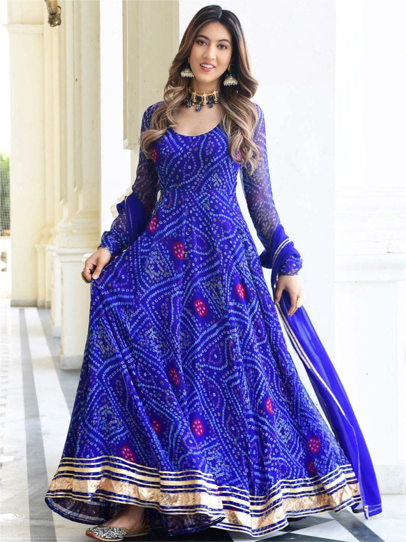 Royal Blue Bandhni Printed Heavy flared Anarkali Kurta set