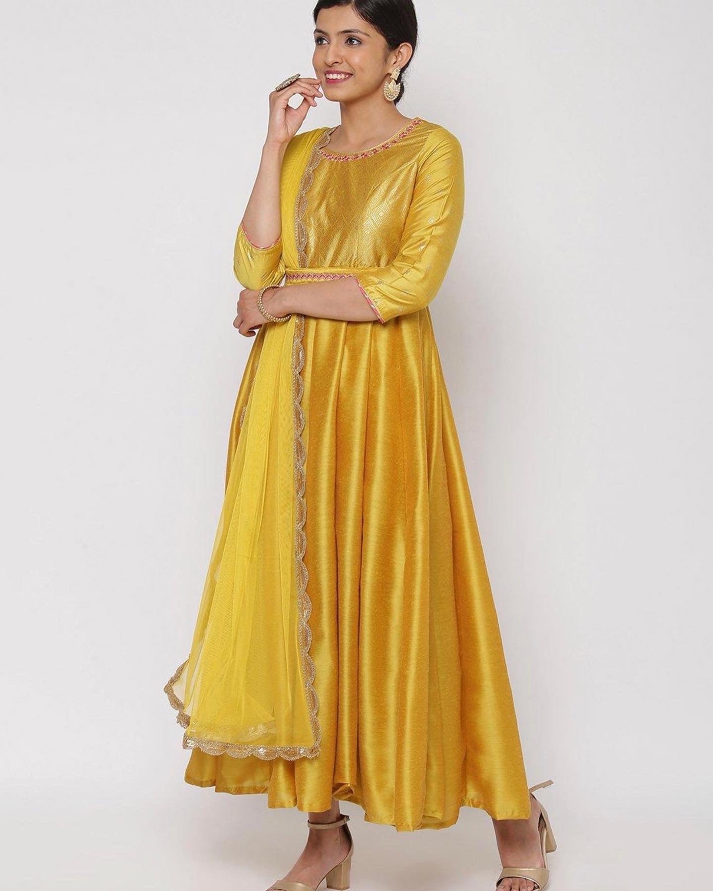 Yellow Floor Length silk Anarkali Kurta with Dupatta and belt no no