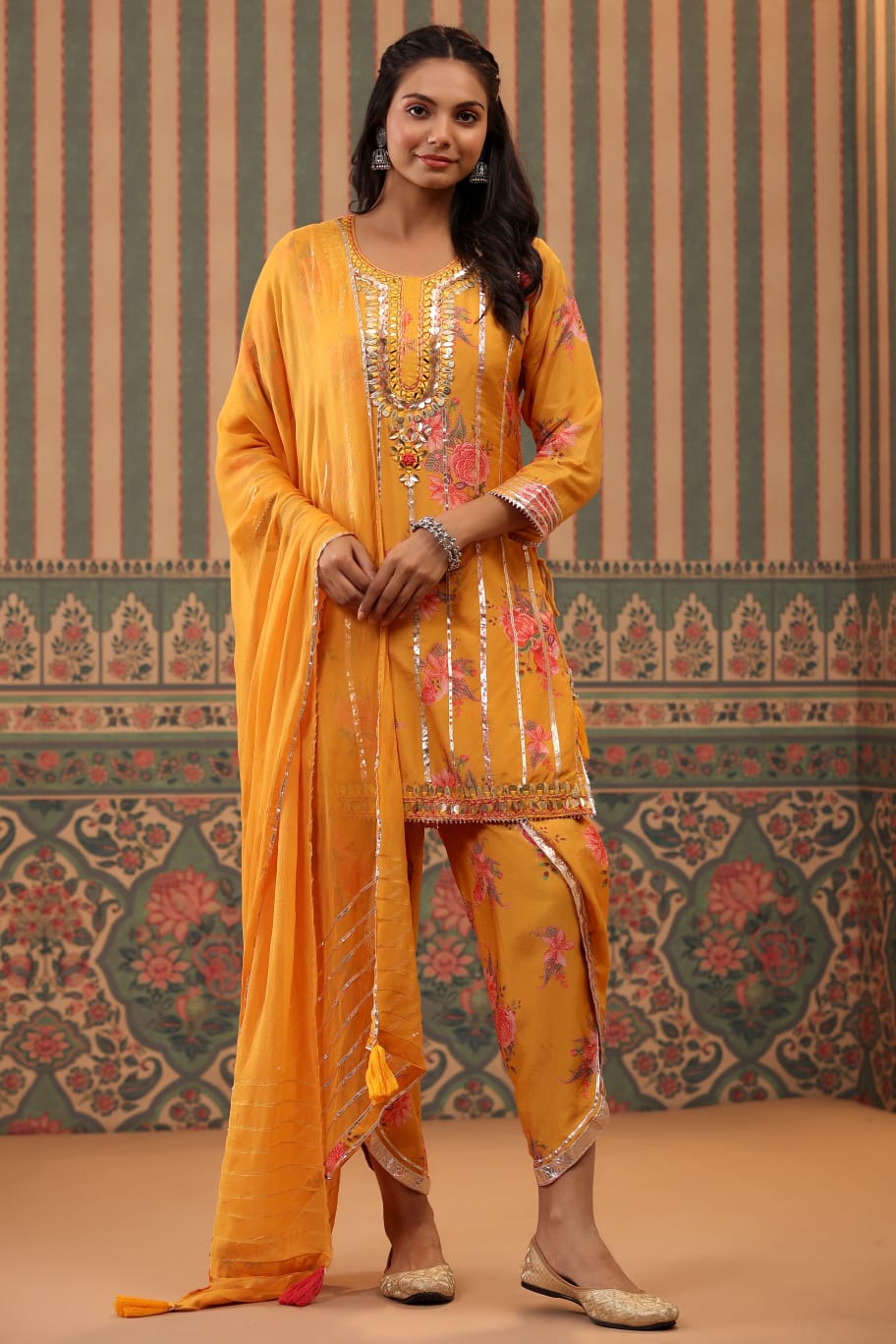 Mustard Silk Dhoti Kurta Set with Heavy Gota Work