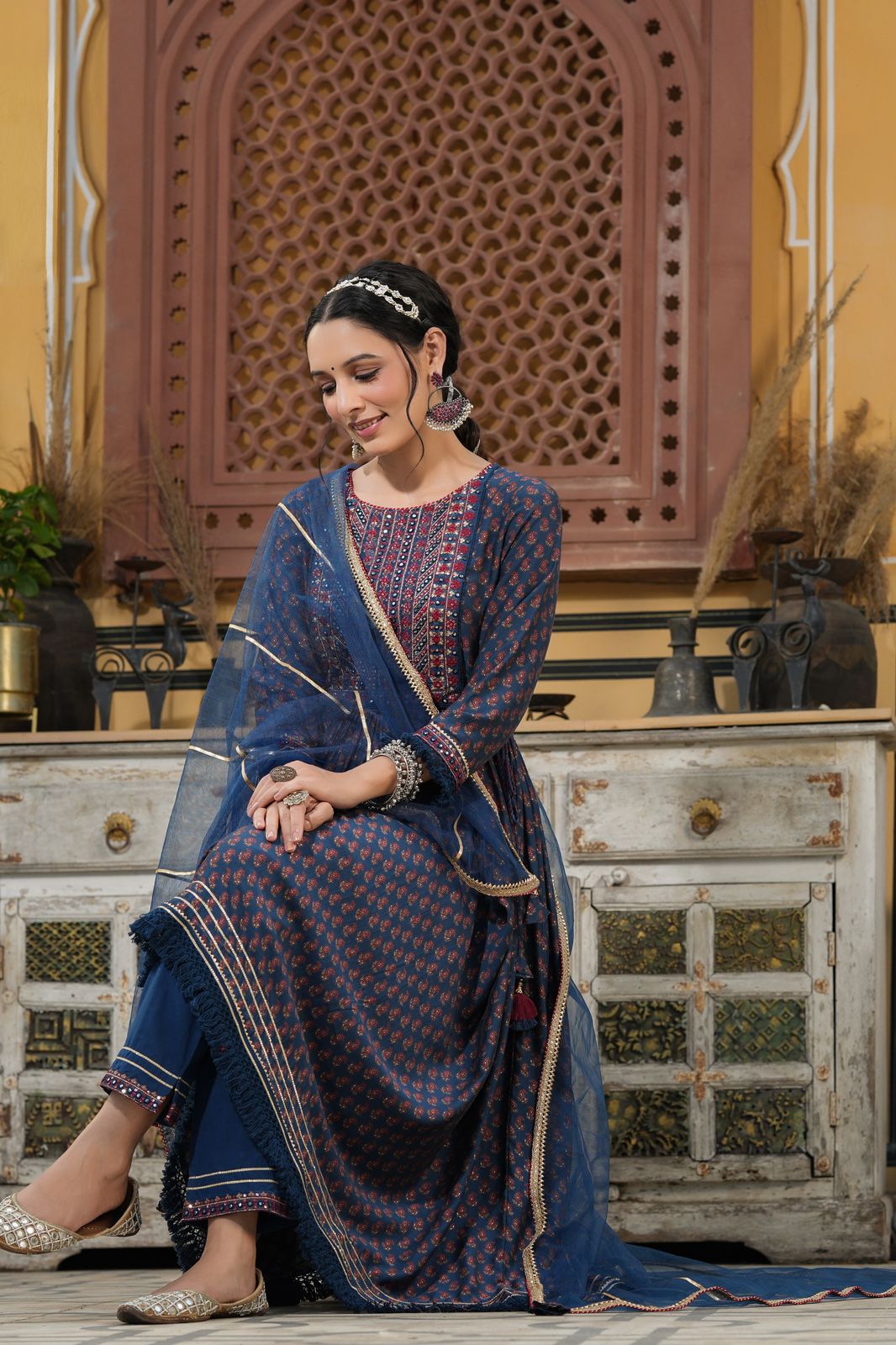 Blue Premium Quality Mirror work Anarkali Kurta Set