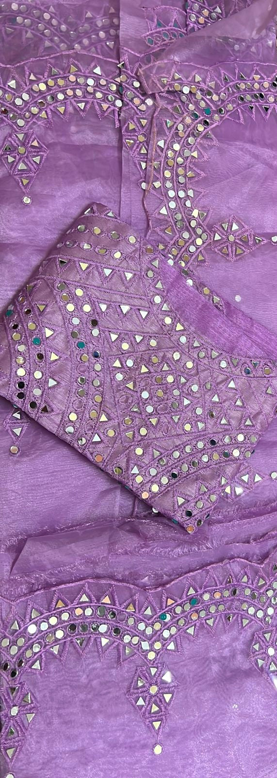 Indi Lux Lavender Organza heavy mirror work saree with unstitched blouse