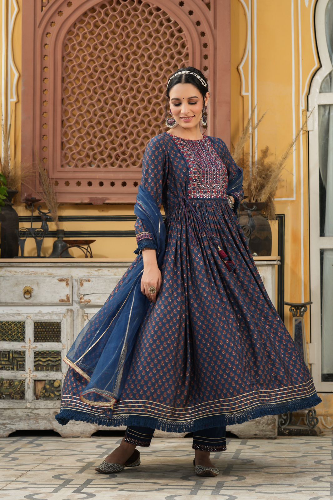 Blue Premium Quality Mirror work Anarkali Kurta Set