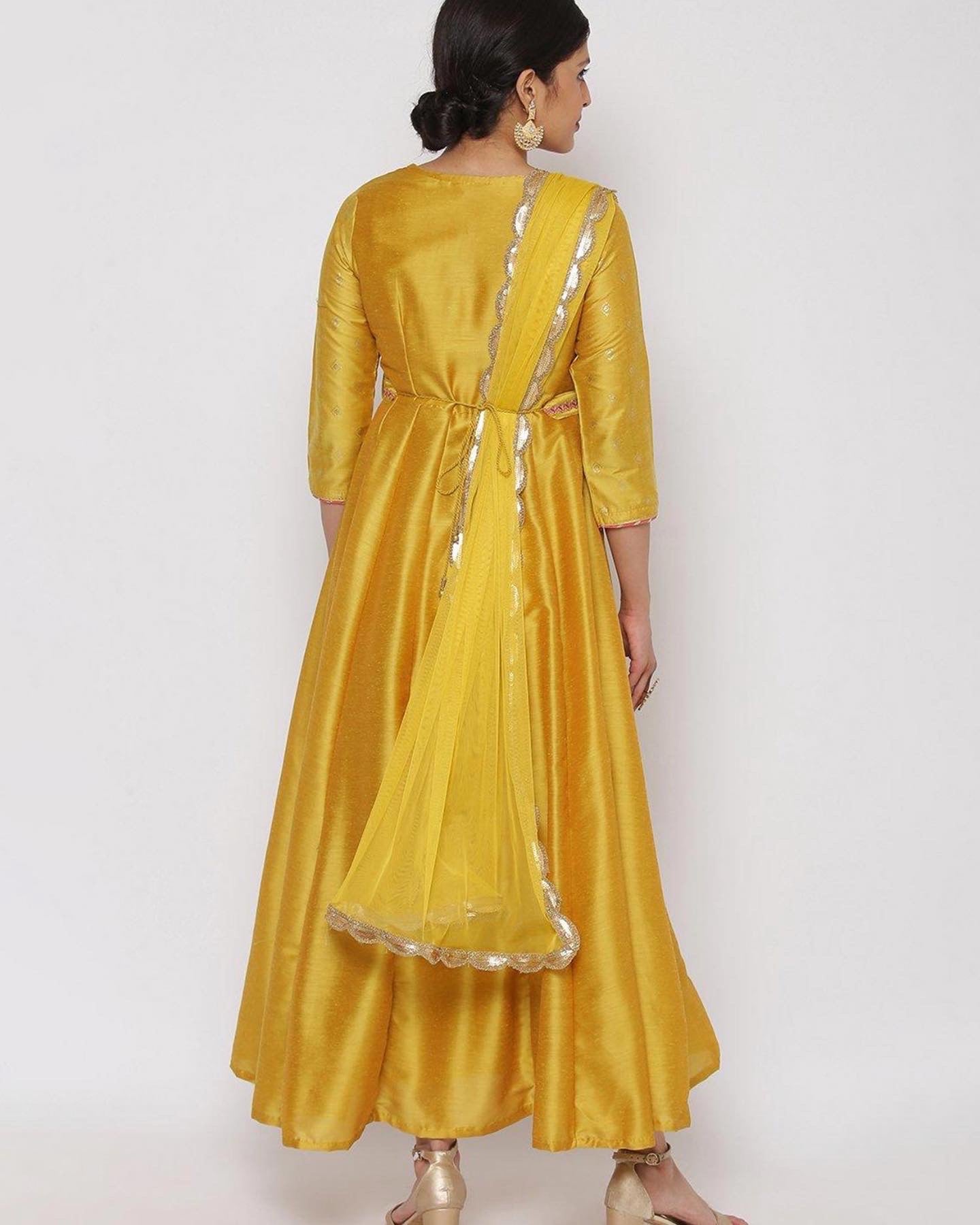 Yellow Floor Length silk Anarkali Kurta with Dupatta and belt no no
