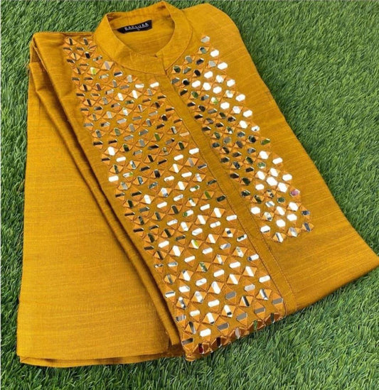 Mustard Rayon Kurta set with real Mirror work yoke