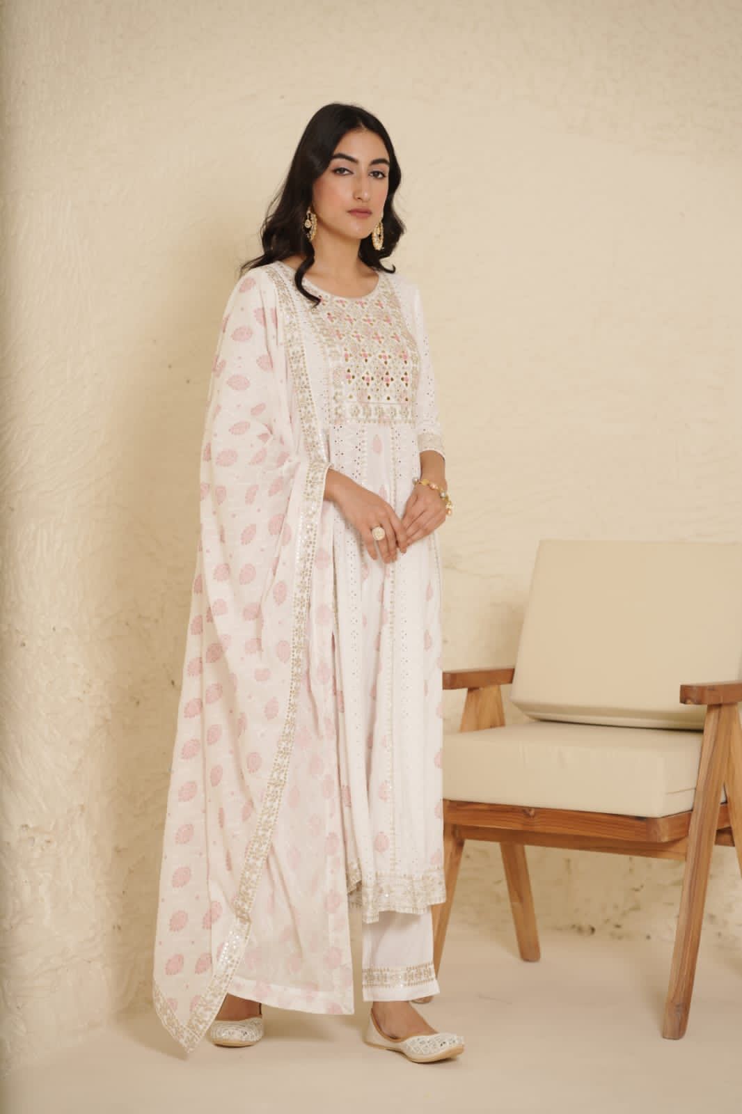 White Premium Quality Mirror work Anarkali Kurta Set