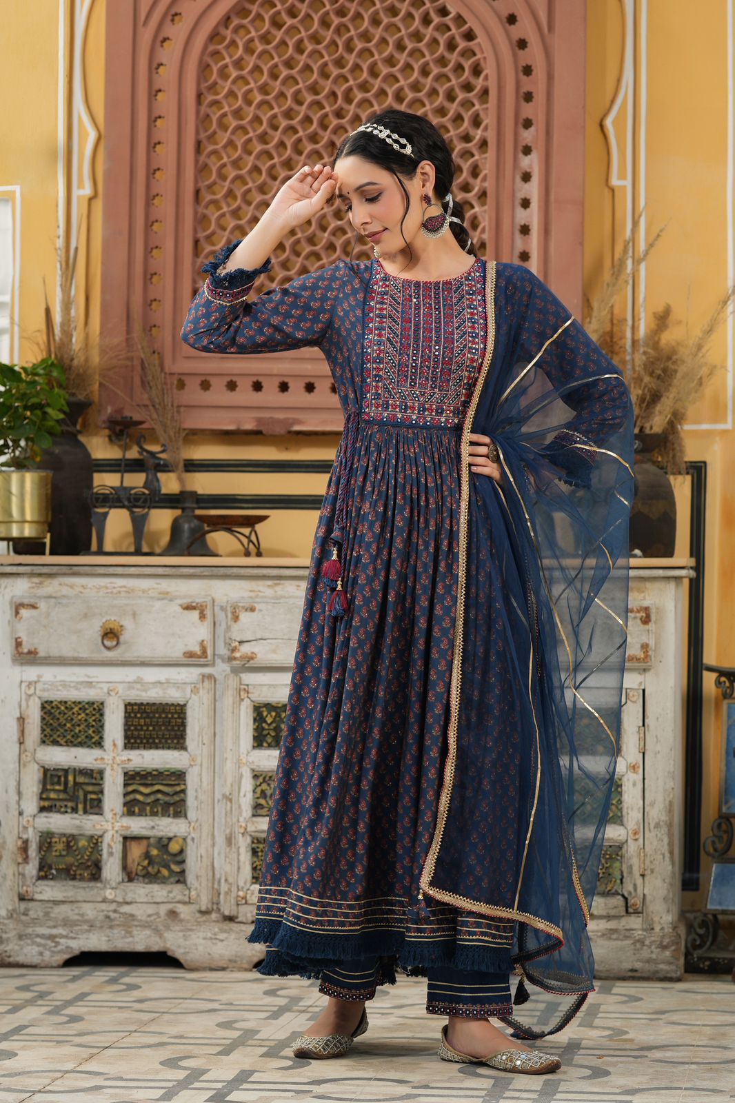 Blue Premium Quality Mirror work Anarkali Kurta Set