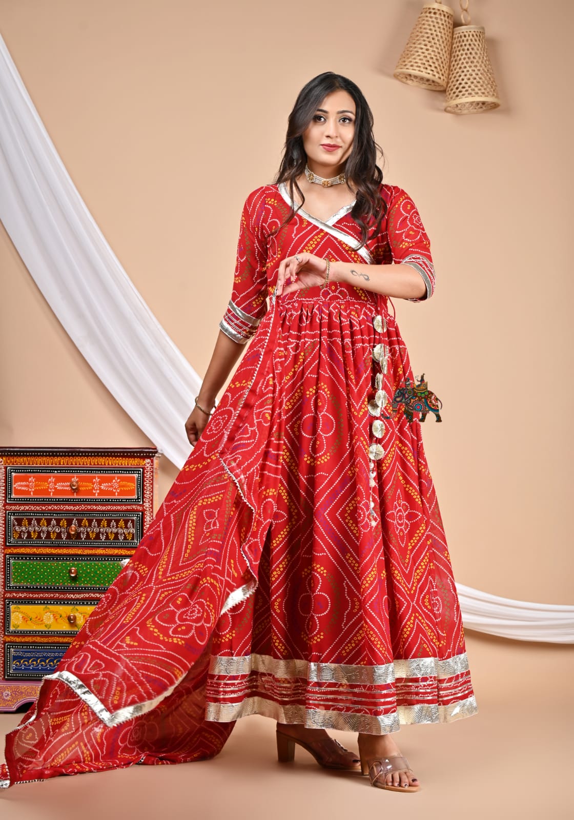 Red Bandhni Georgette Anarkali Kurta Set with Gota Work