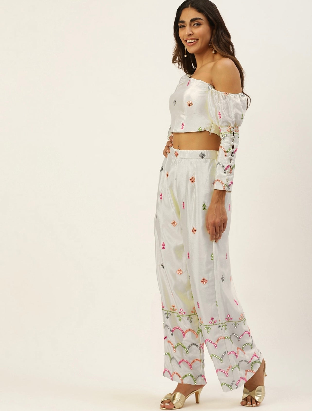 White Multicolor Mirror work Co-ord set