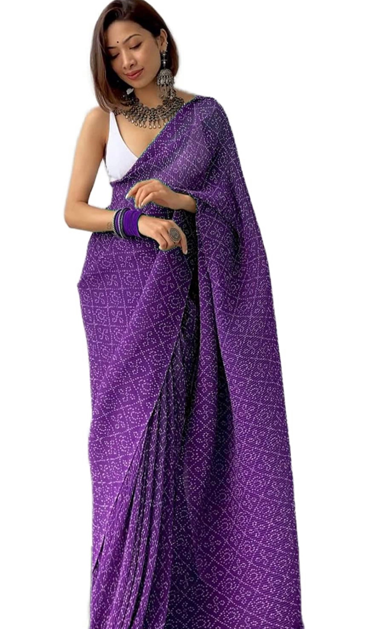 Purple Bandhni print crushed Saree with unstitched blouse