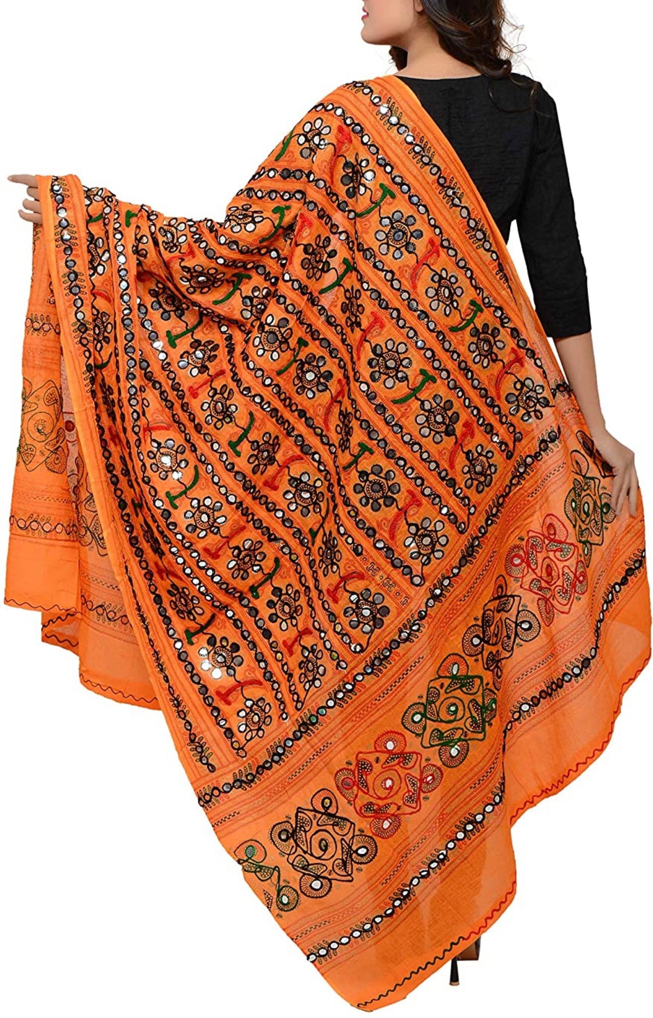 Orange Handcrafted Heavy Kutchi Ari & Mirror work Embroidered dupatta