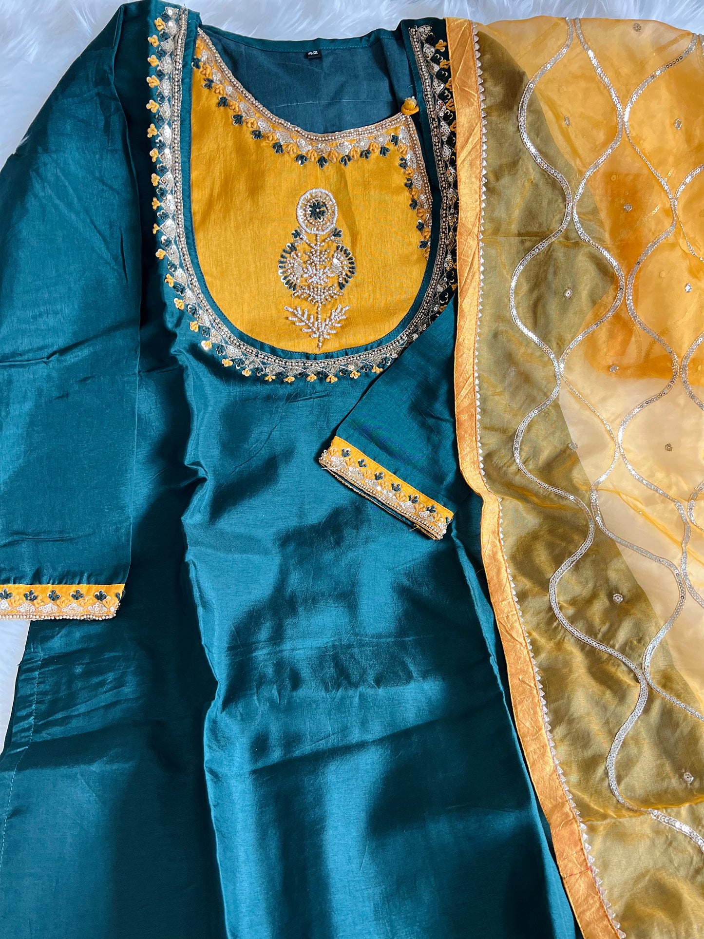 Teal and Yellow Handwork Yoke festive Kurta set