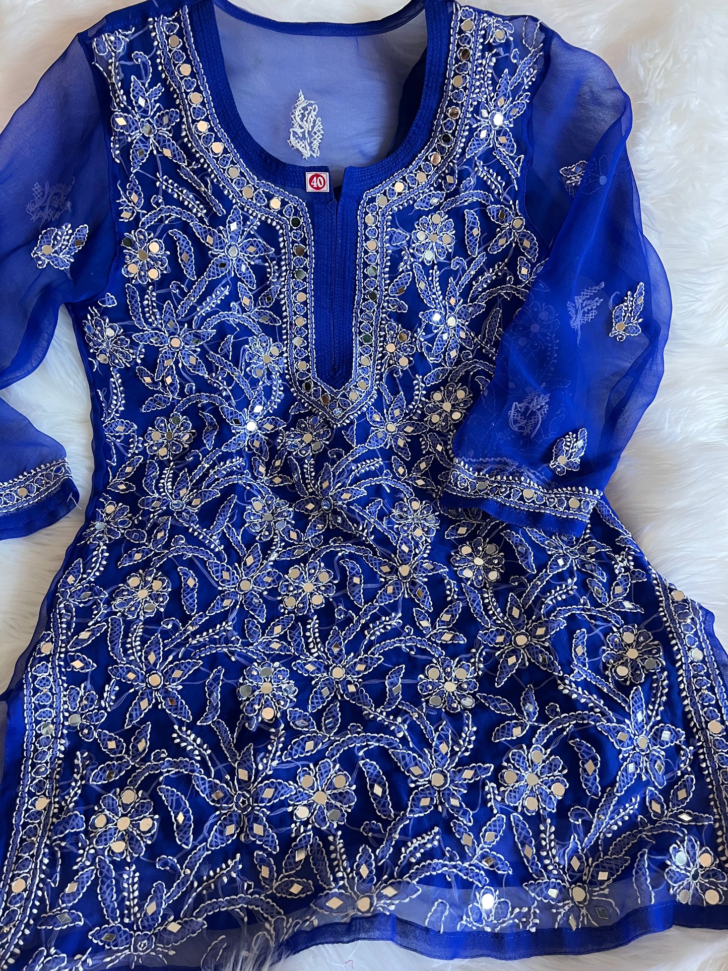 Blue Lucknowi short Mirror kurti with liningo