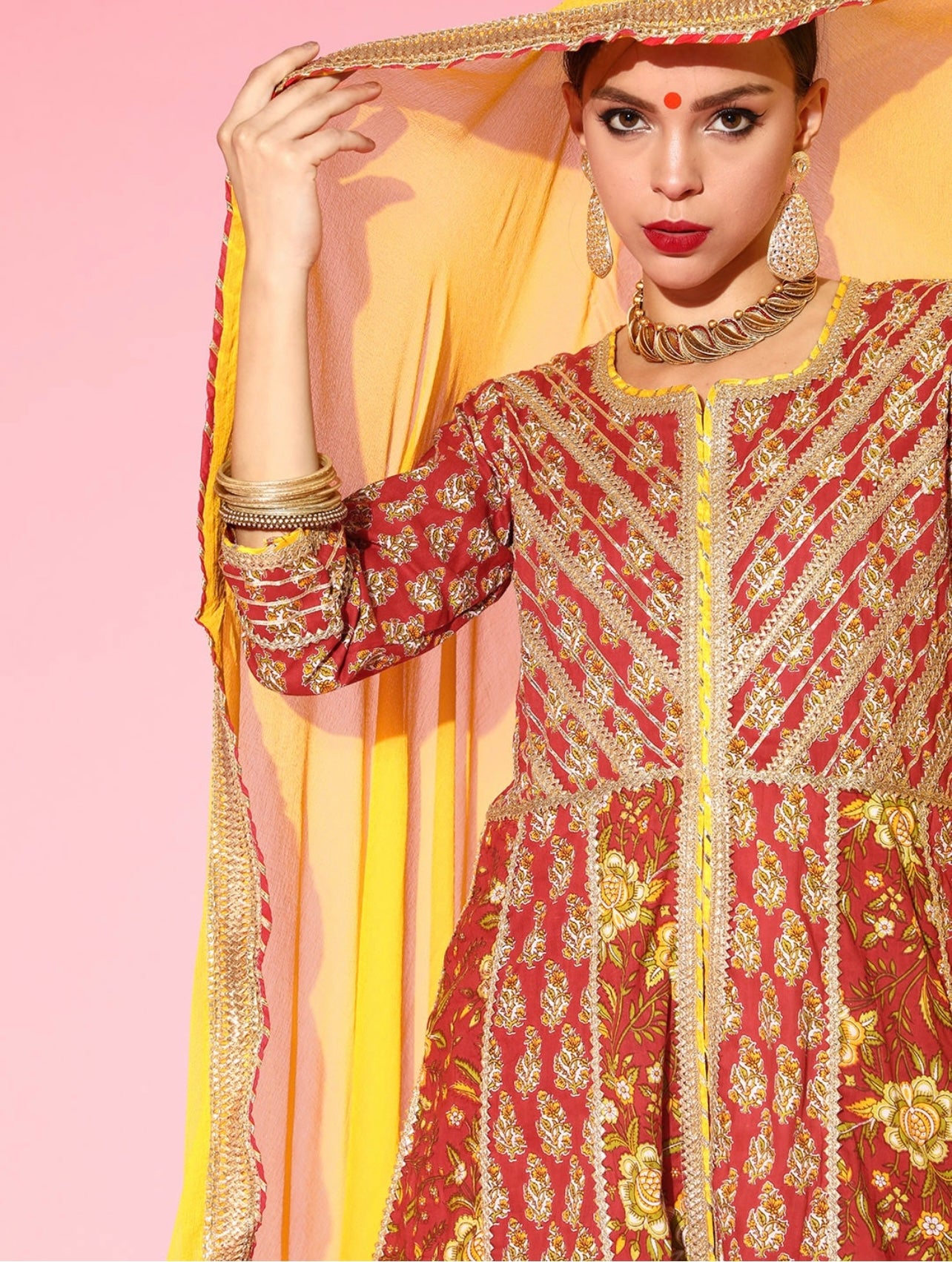 Floral Red Heavy gota work flared sharara and dupatta