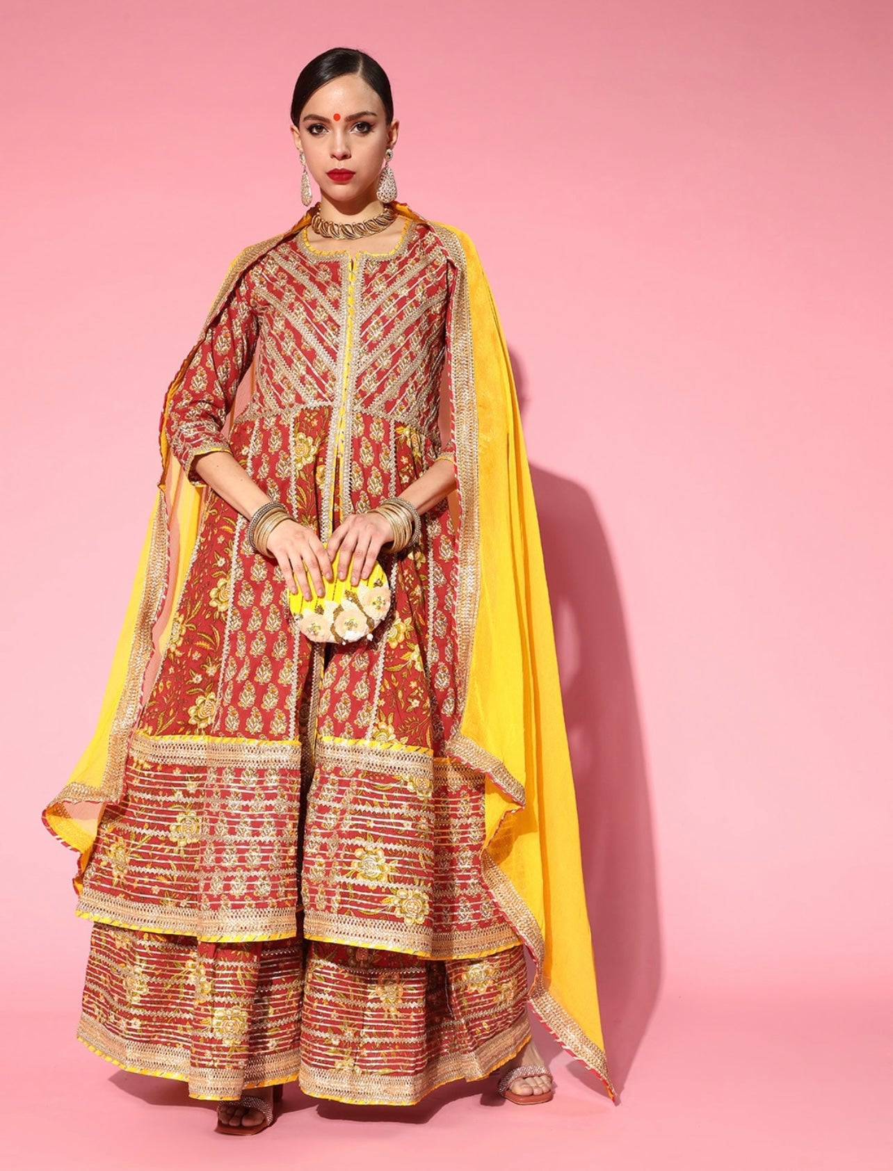 Floral Red Heavy gota work flared sharara and dupatta