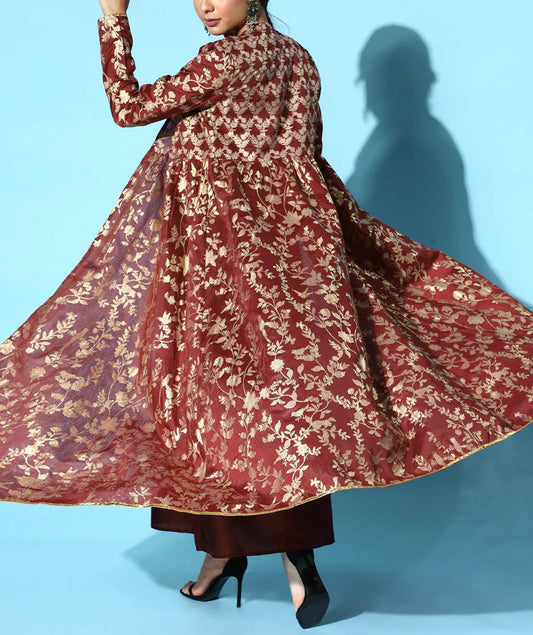 Maroon Ethnic motifs elegant long Kurta with jacket