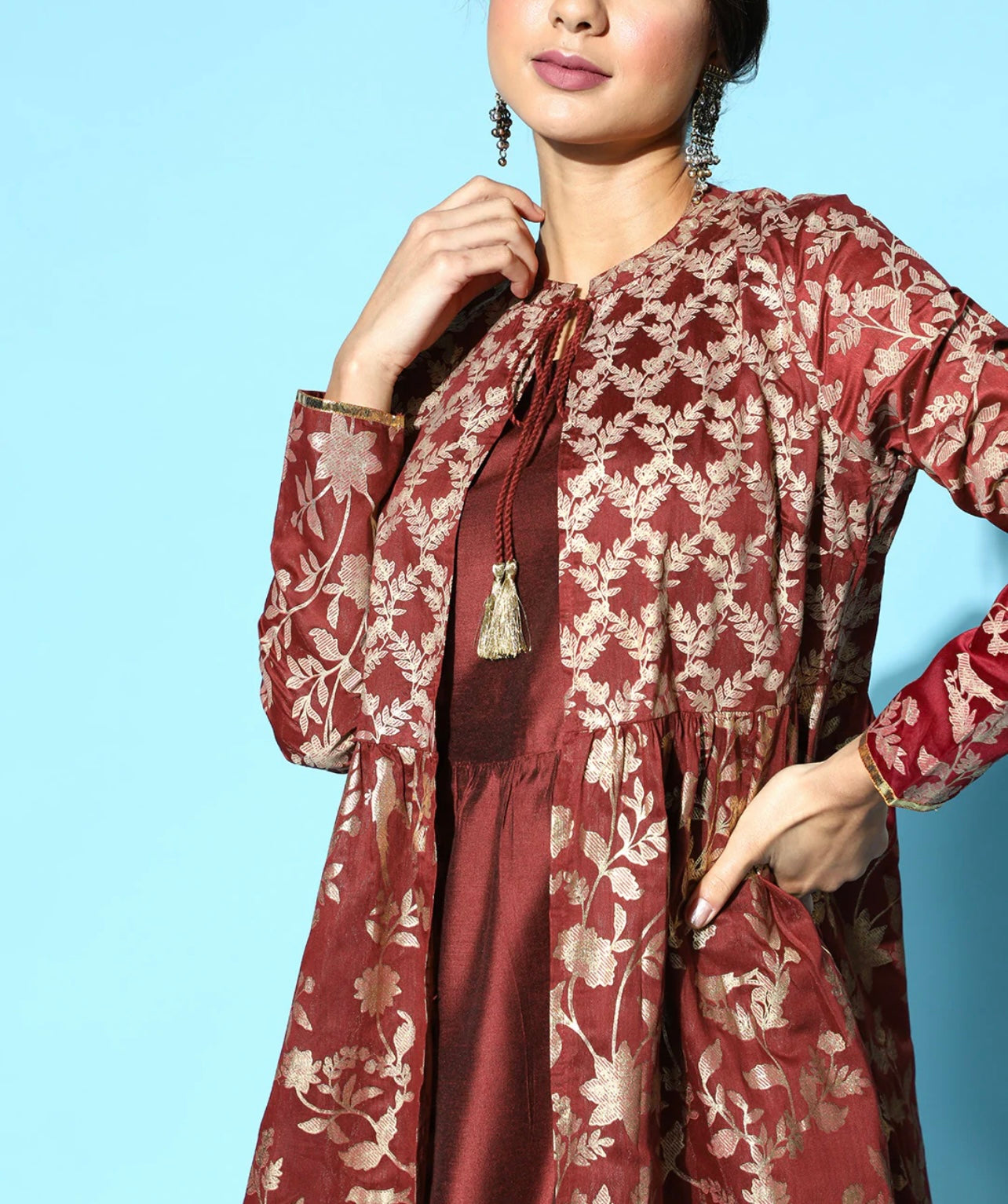 Maroon Ethnic motifs elegant long Kurta with jacket