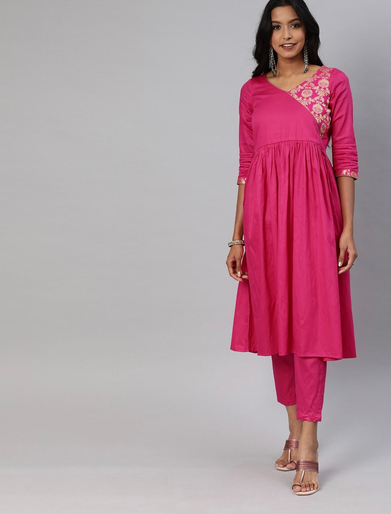 Hot Pink Super Stylish brocade work Angrakha Kurta set no