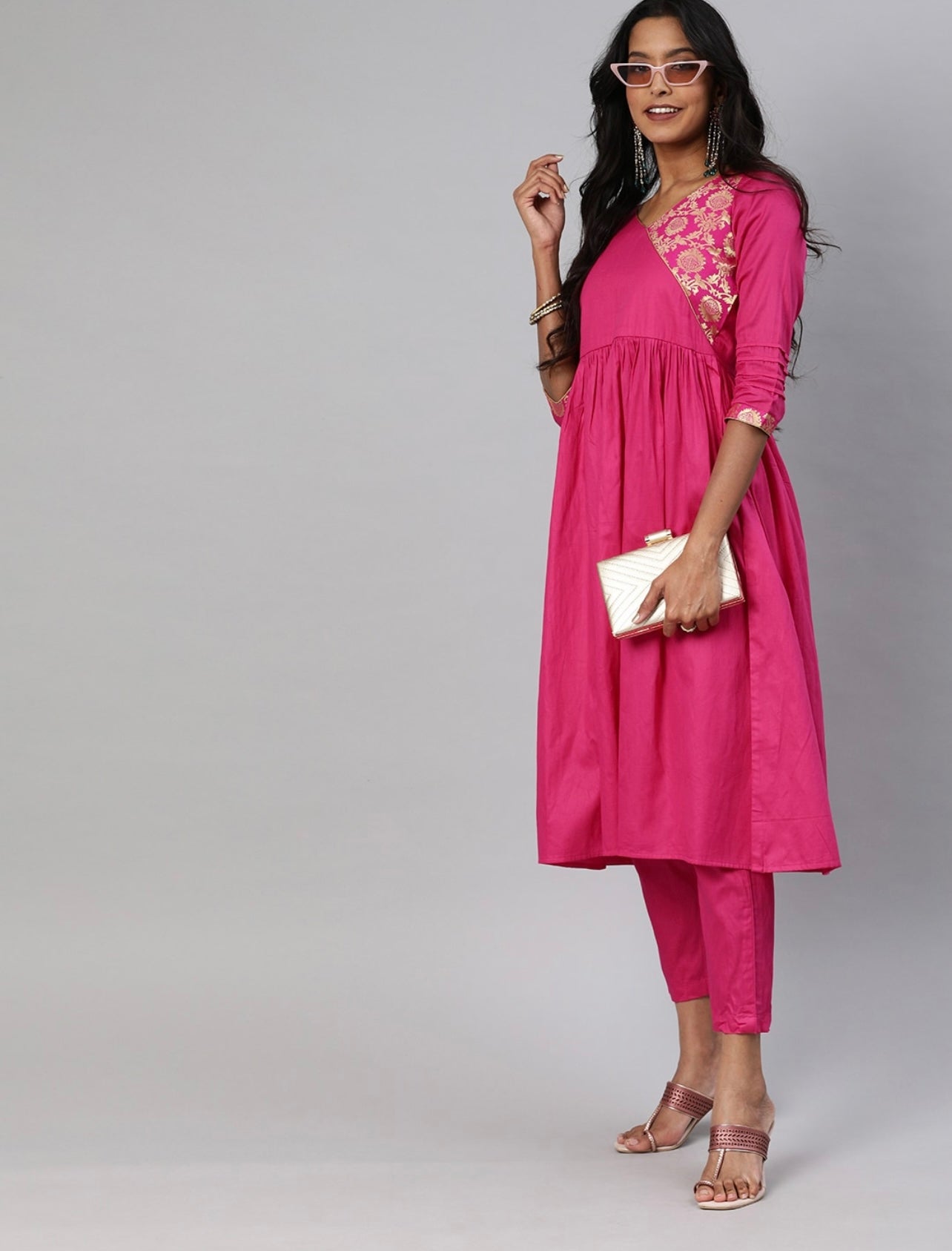 Hot Pink Super Stylish brocade work Angrakha Kurta set no